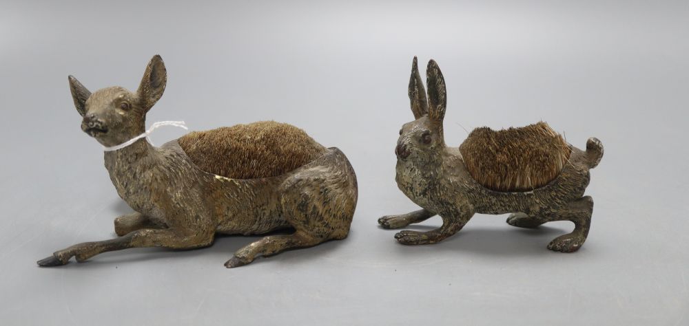 Two Viennese cold painted bronze pen wipes modelled as a deer and a rabbit, tallest 8cm